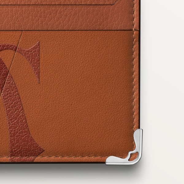 雙面卡片夾，Must de Cartier  棕色 XL 標誌光滑及粒面小牛皮，鍍鈀飾面