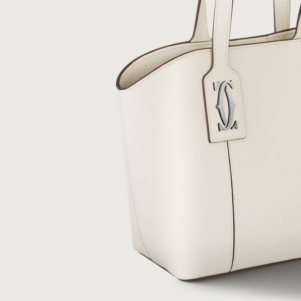 Mini tote bag, C de Cartier Salt white textured calfskin, embroidery, palladium finish