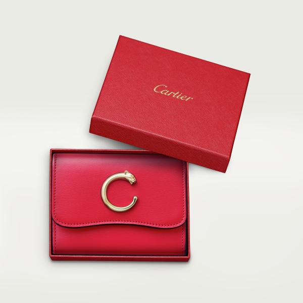 銀包，迷你款，Panthère de Cartier 罌粟紅色小牛皮，金色飾面