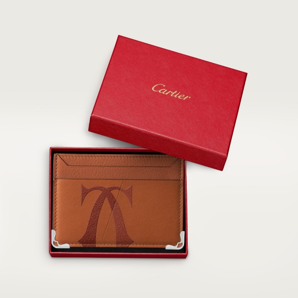 雙面卡片夾，Must de Cartier  棕色 XL 標誌光滑及粒面小牛皮，鍍鈀飾面