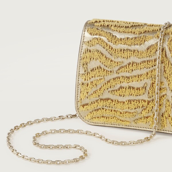 手袋，迷你款，Panthère C 金色金屬亮面小牛皮及簇飾老虎圖案刺繡