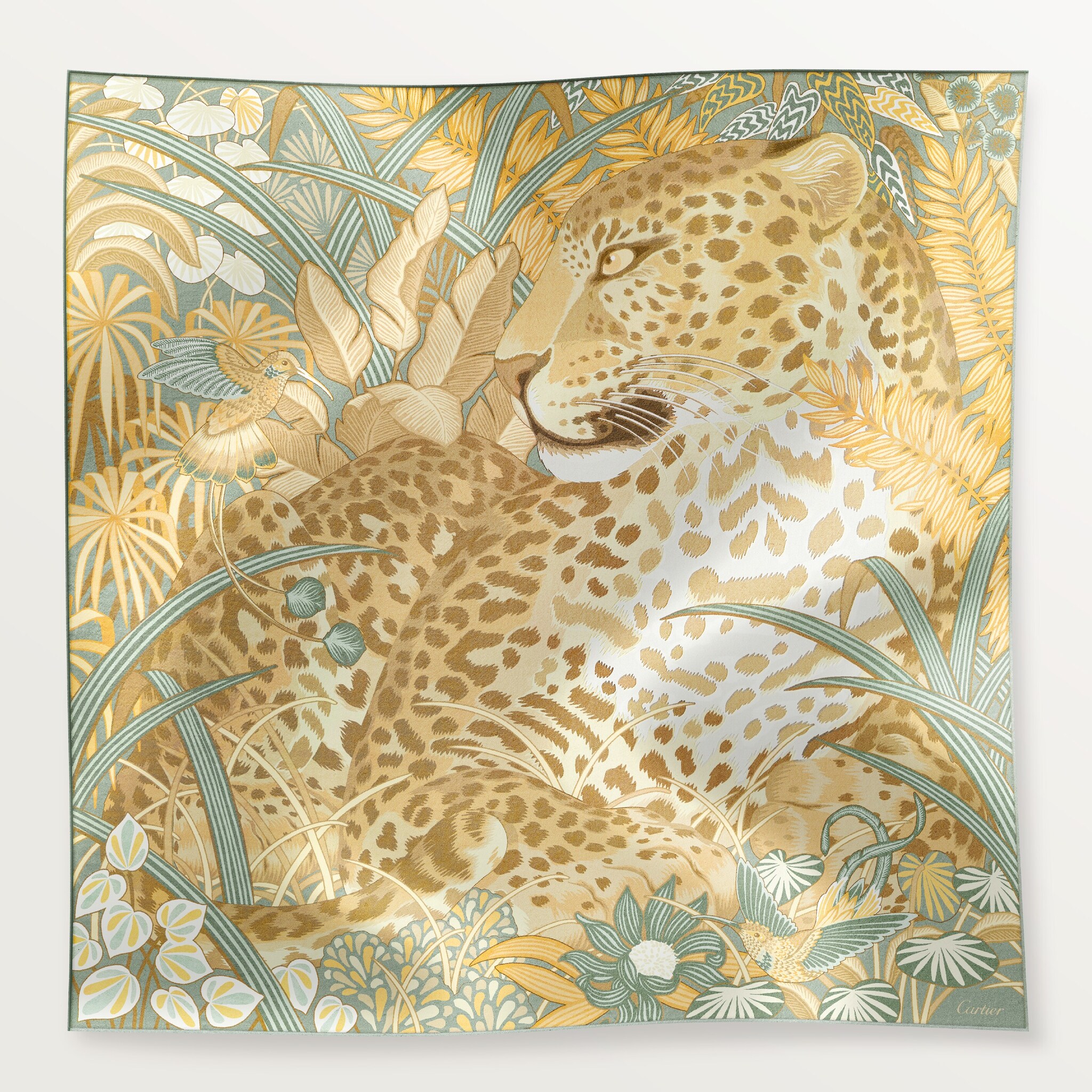 絲巾，90厘米，Panther in the Jungle灰綠色及含羞草黃色斜紋真絲