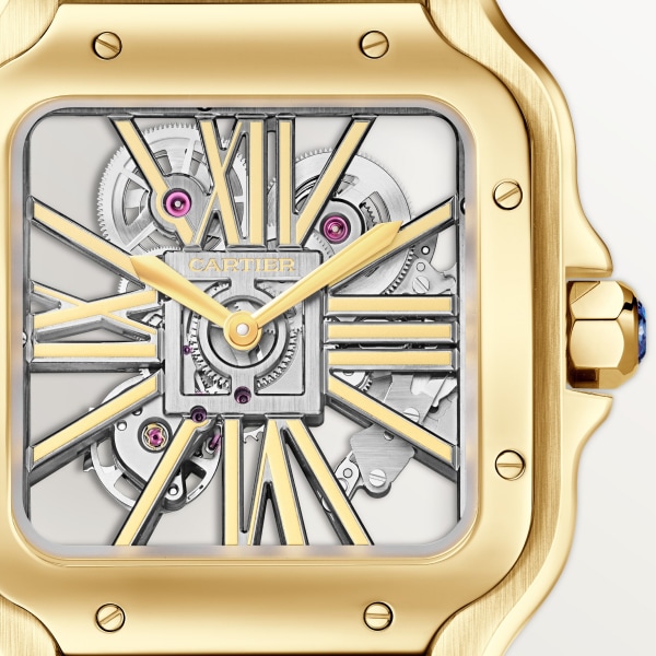 Santos-Dumont 腕錶 大型款，手動上鏈鏤空機械機芯，黃金，可更換式金屬錶鏈及皮革錶帶