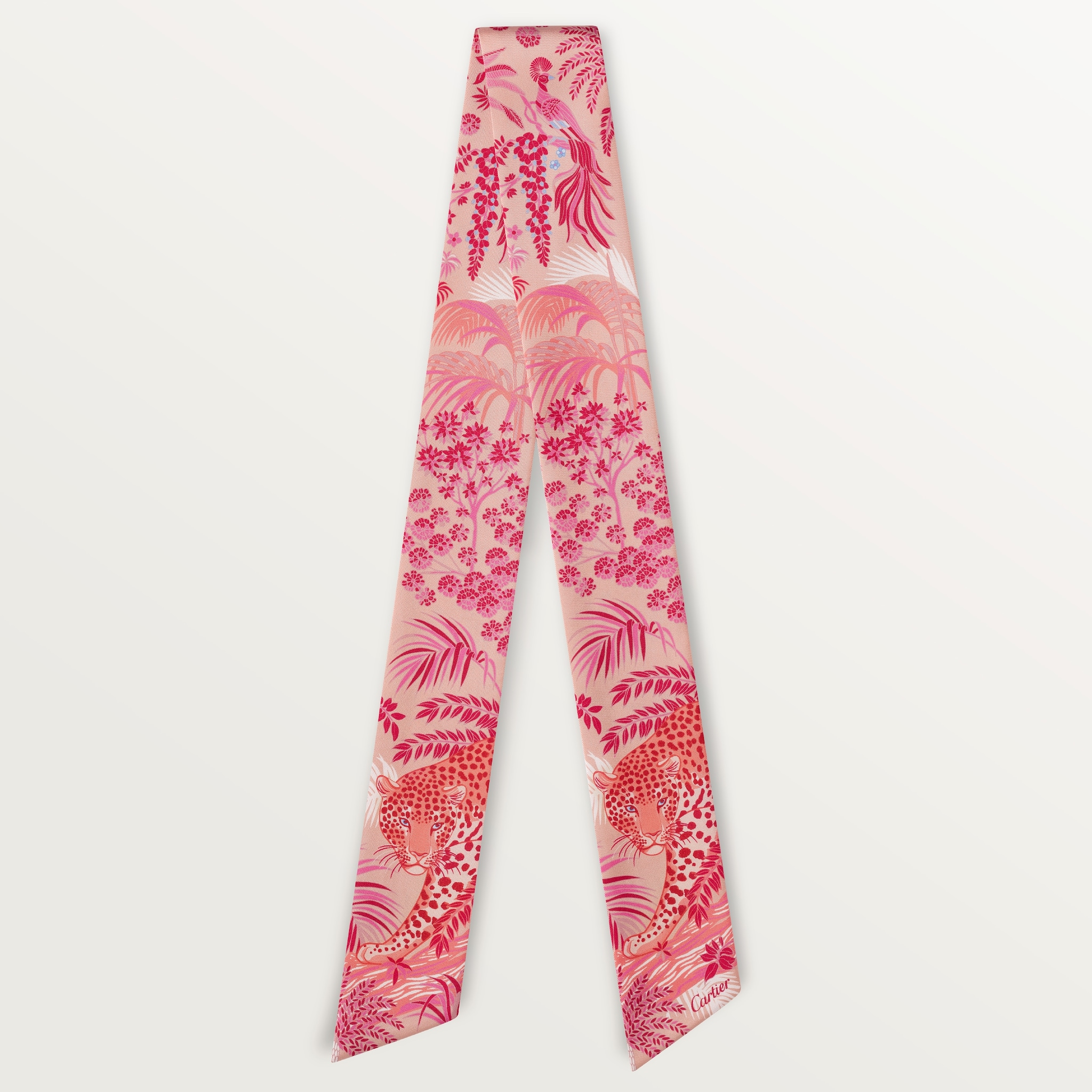 動植物及花卉圖案絲巾淺粉紅色斜紋真絲
