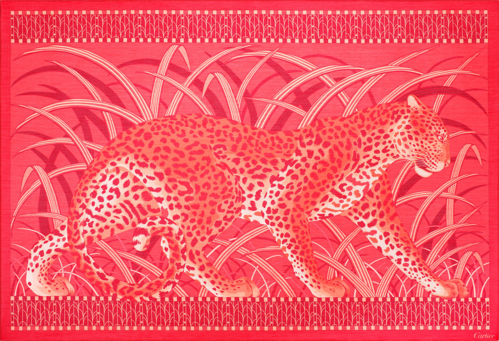 Panther in the Jungle rectangular scarfCoral cotton and silk twill