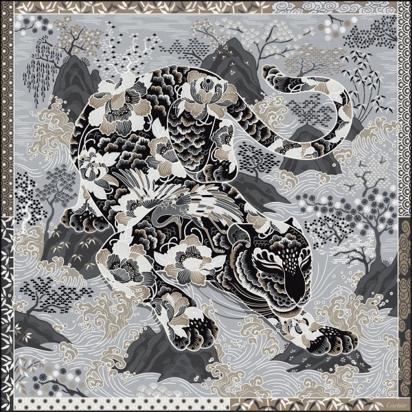美洲豹圖案方巾 黑色及米色斜紋真絲