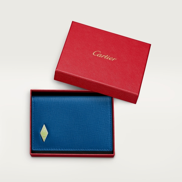 信用卡夾，可容納4張信用卡，Cartier Losange 海洋藍色粒面小牛皮，鍍鈀飾面及青檸綠色琺瑯