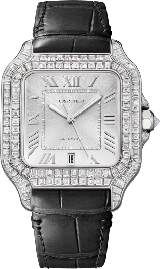 Santos de Cartier 腕錶 大型款，自動上鏈機械機芯，白色黃金，鑽石，2條可更換式皮革錶帶
