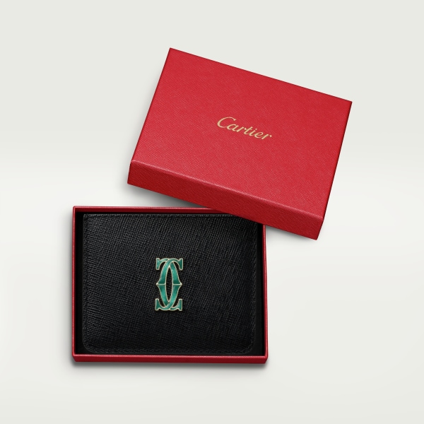 Simple card holder, C de Cartier Black textured calfskin, golden finish and graduated green enamel