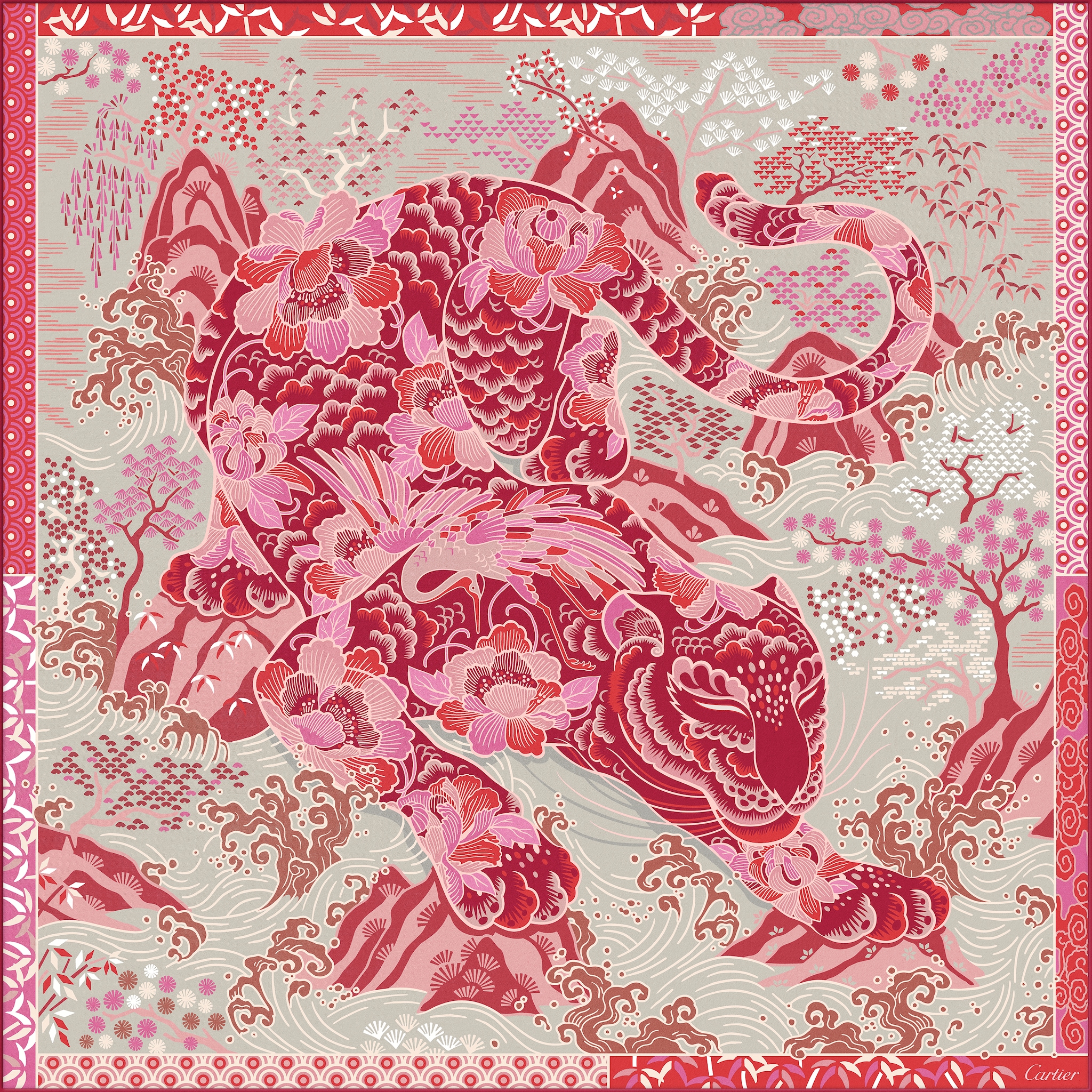 美洲豹圖案方巾紅色及米色斜紋真絲