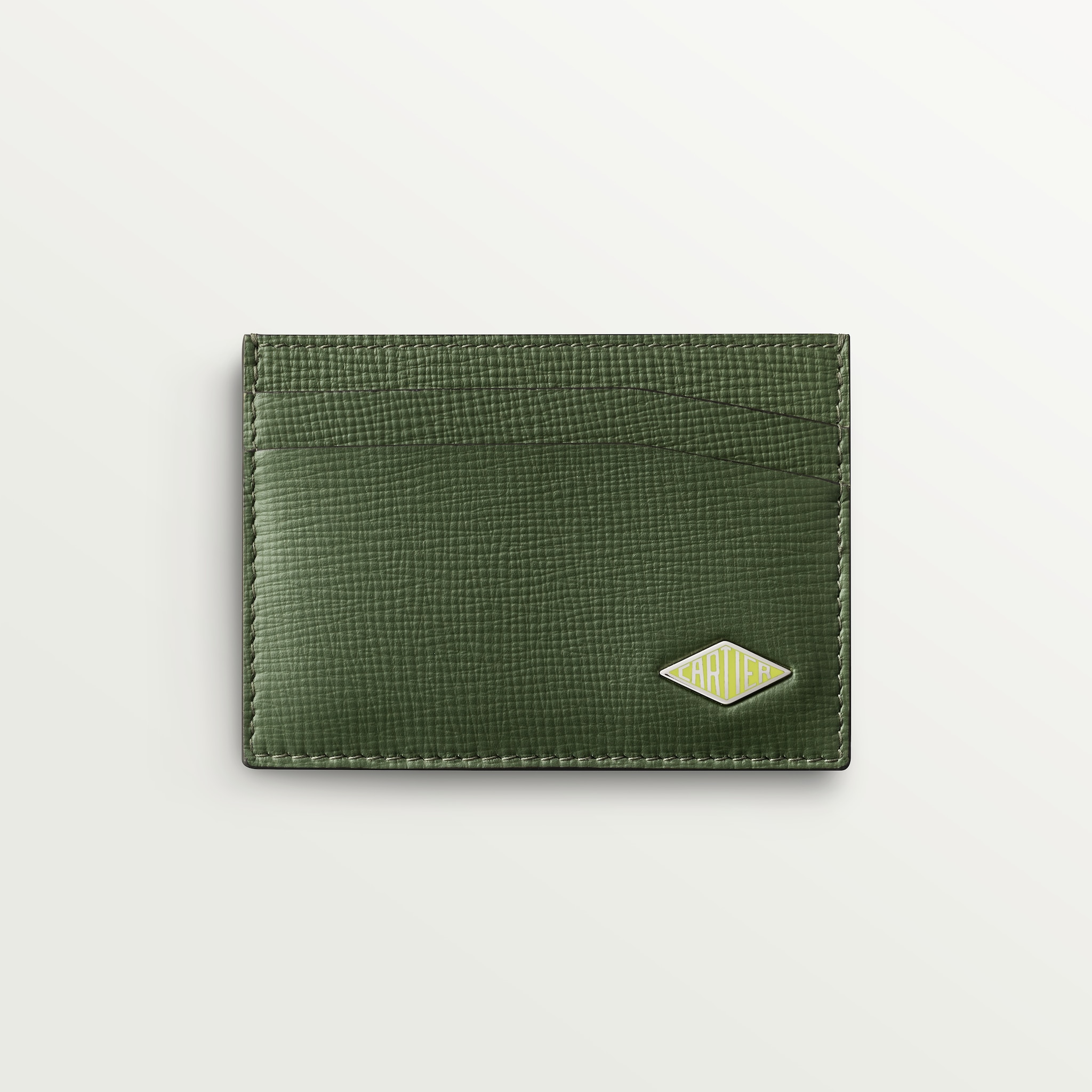 雙面卡片夾，Cartier Losange卡其色小牛皮，鍍鈀飾面及琺瑯
