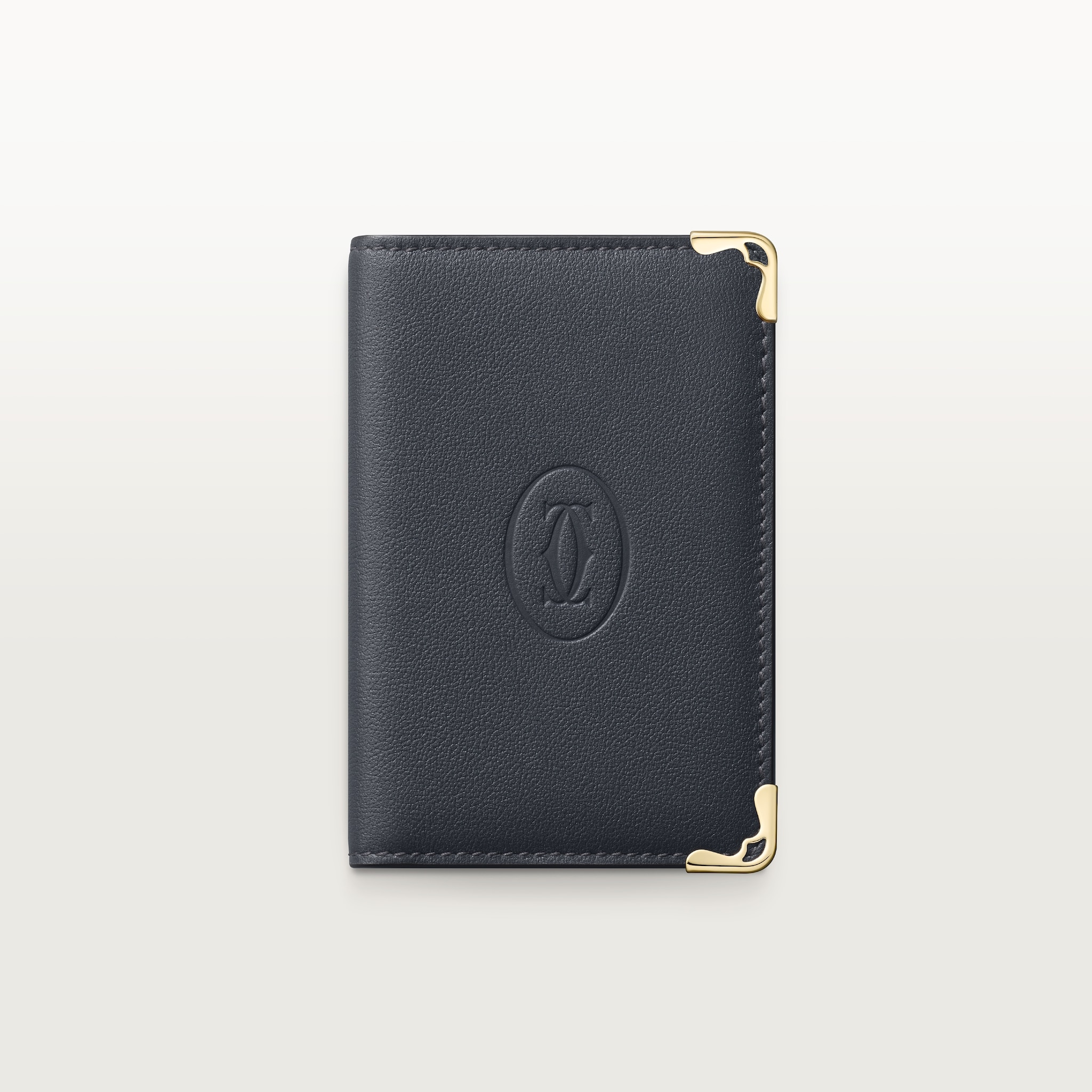 信用卡夾，可容納4張信用卡，Must de Cartier瓦灰色及天藍色小牛皮，金色飾面