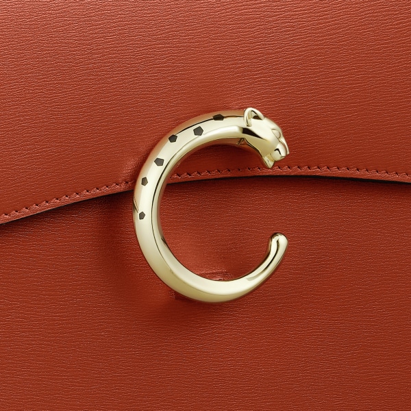 Handle bag mini, Panthère de Cartier Chestnut calfskin, golden finish and black enamel