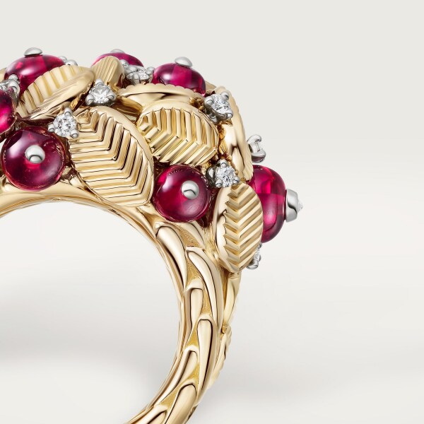 Grain de Café ring, rubellite, semi-paved Yellow gold, platinum, rubellites, diamonds