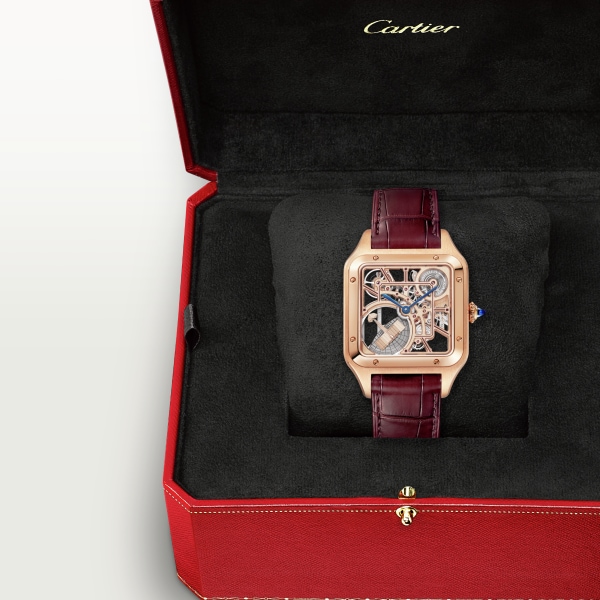 Santos-Dumont 鏤空腕錶 大型款，自動上鏈鏤空機械機芯，玫瑰金，皮革