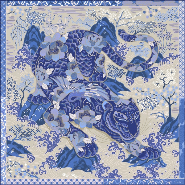 美洲豹圖案方巾 藍色及米色斜紋真絲