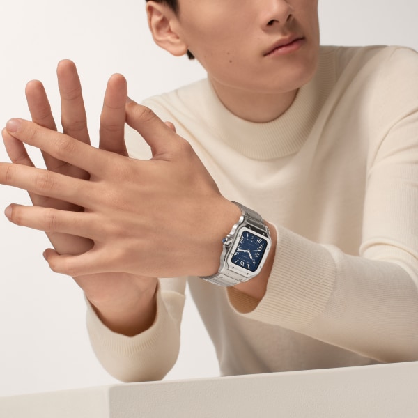 Santos de Cartier 腕錶 大型款，自動上鏈機械機芯，精鋼，可更換式金屬錶鏈及皮革錶帶