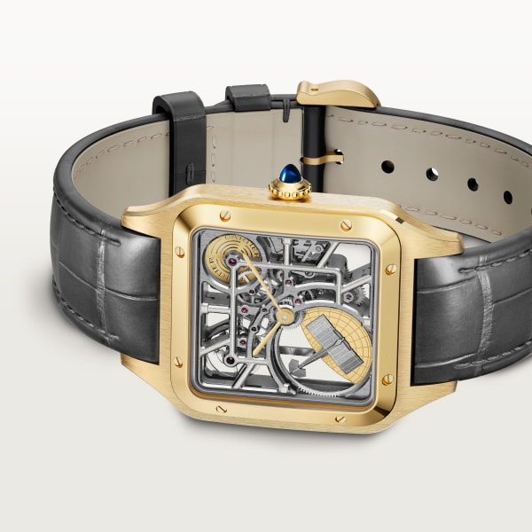 Santos-Dumont 微型擺陀鏤空腕錶 大型款，自動上鏈鏤空機械機芯，黃金，2條皮革錶帶