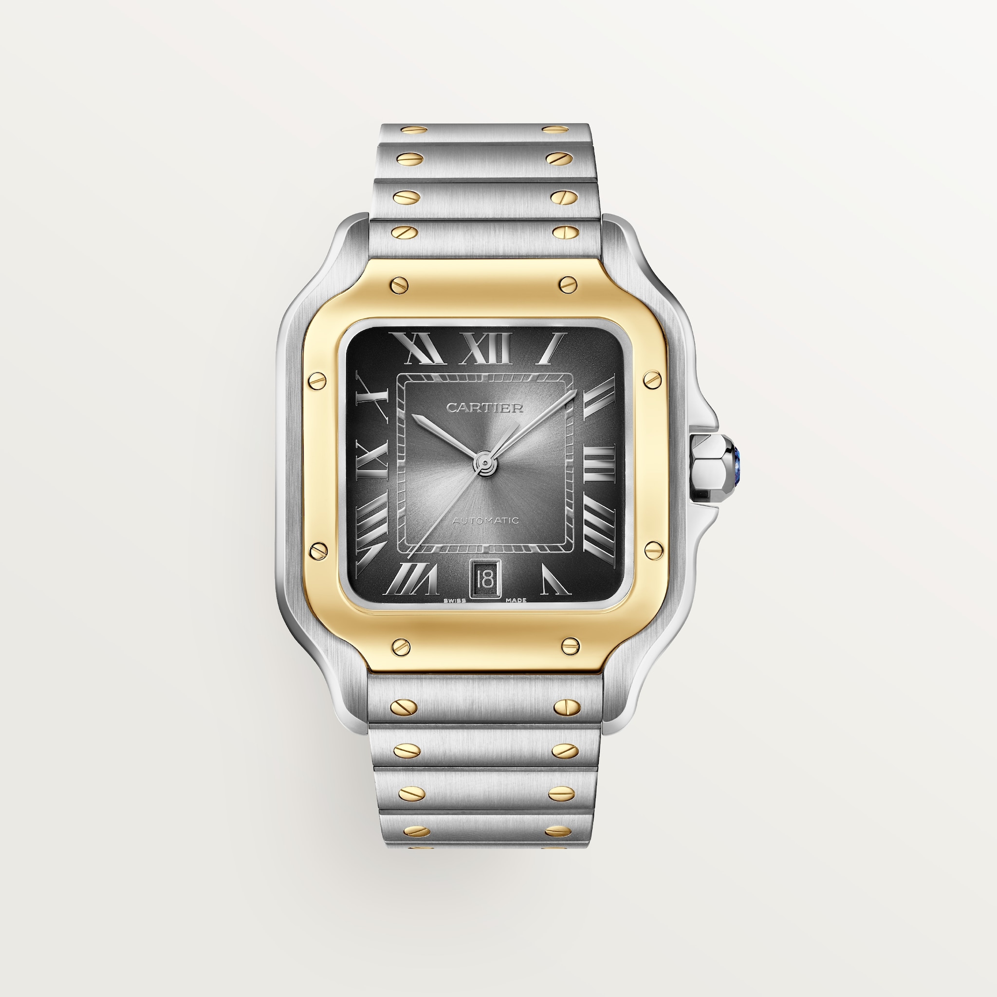 Santos de Cartier 腕錶大型款，自動上鏈機械機芯，黃金及精鋼，可更換式金屬錶鏈及皮革錶帶