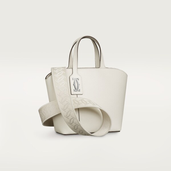 Mini tote bag, C de Cartier Salt white textured calfskin, embroidery, palladium finish