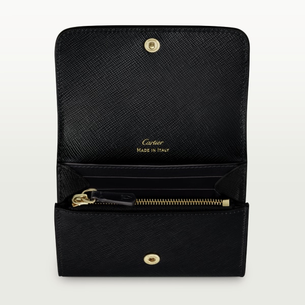 銀包，迷你款，C de Cartier 黑色紋理質感小牛皮，金色飾面及漸變綠色琺瑯