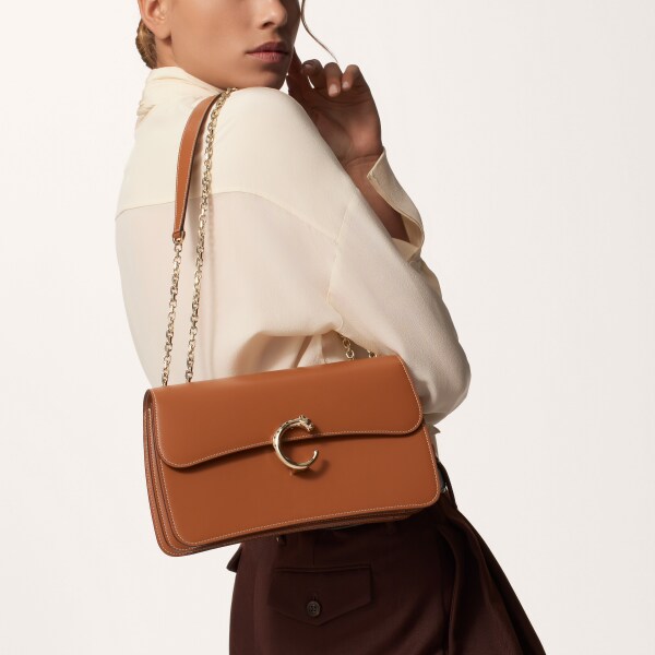 手袋，小型款，Panthère C 焦糖色小牛皮，金色飾面