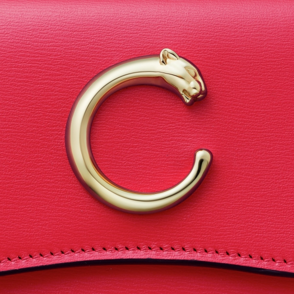 銀包，迷你款，Panthère de Cartier 罌粟紅色小牛皮，金色飾面
