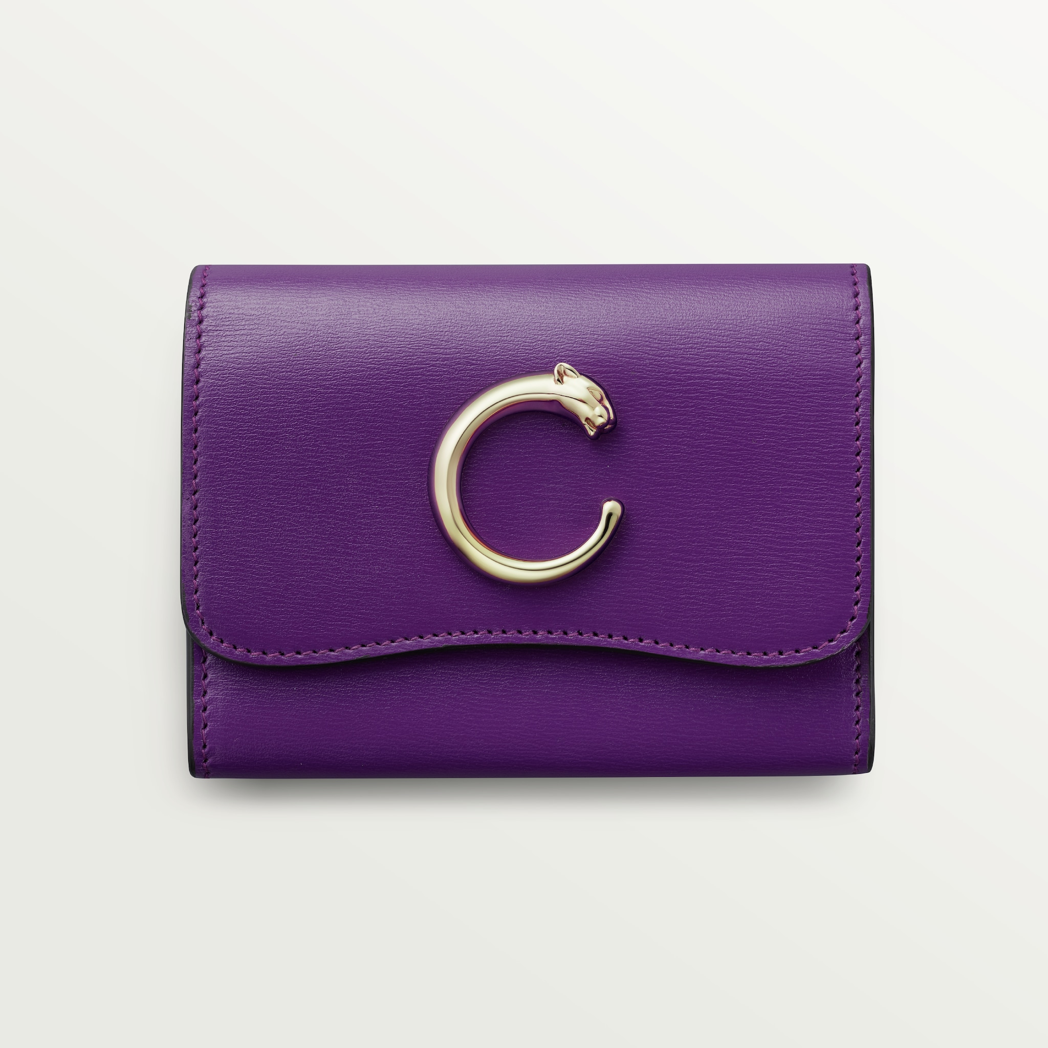 銀包，迷你款，Panthère de Cartier紫色小牛皮，金色飾面