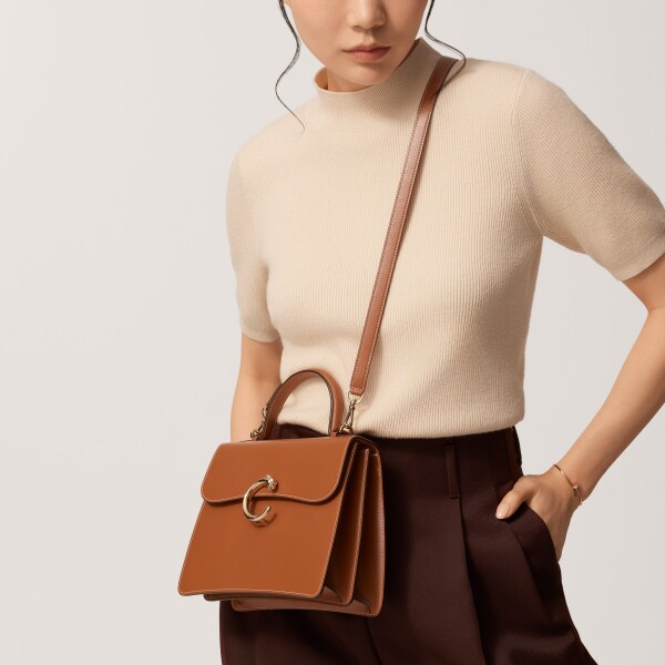 手袋，小型款，Panthère C 焦糖色小牛皮，金色飾面