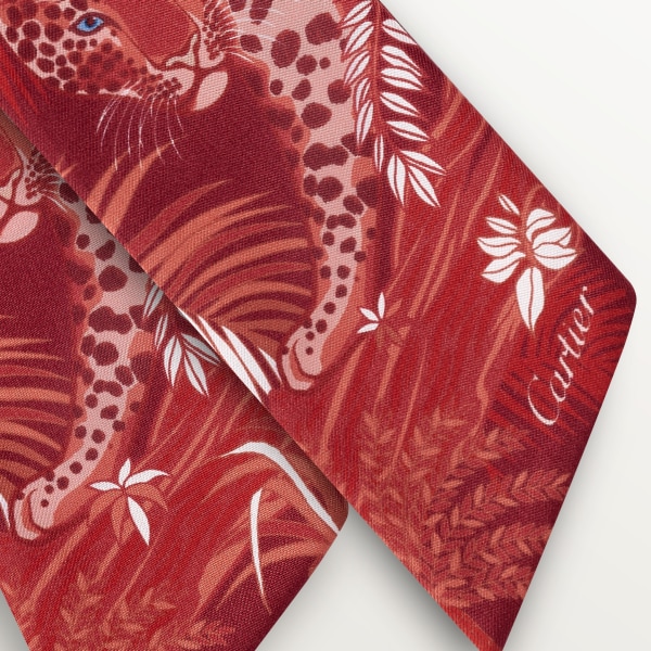 Panthère 動植物及花卉圖案絲巾 酒紅色斜紋真絲