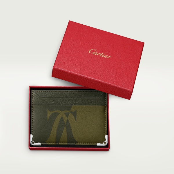 雙面卡片夾，Must de Cartier   XL 標誌光滑卡其色小牛皮，鍍鈀飾面