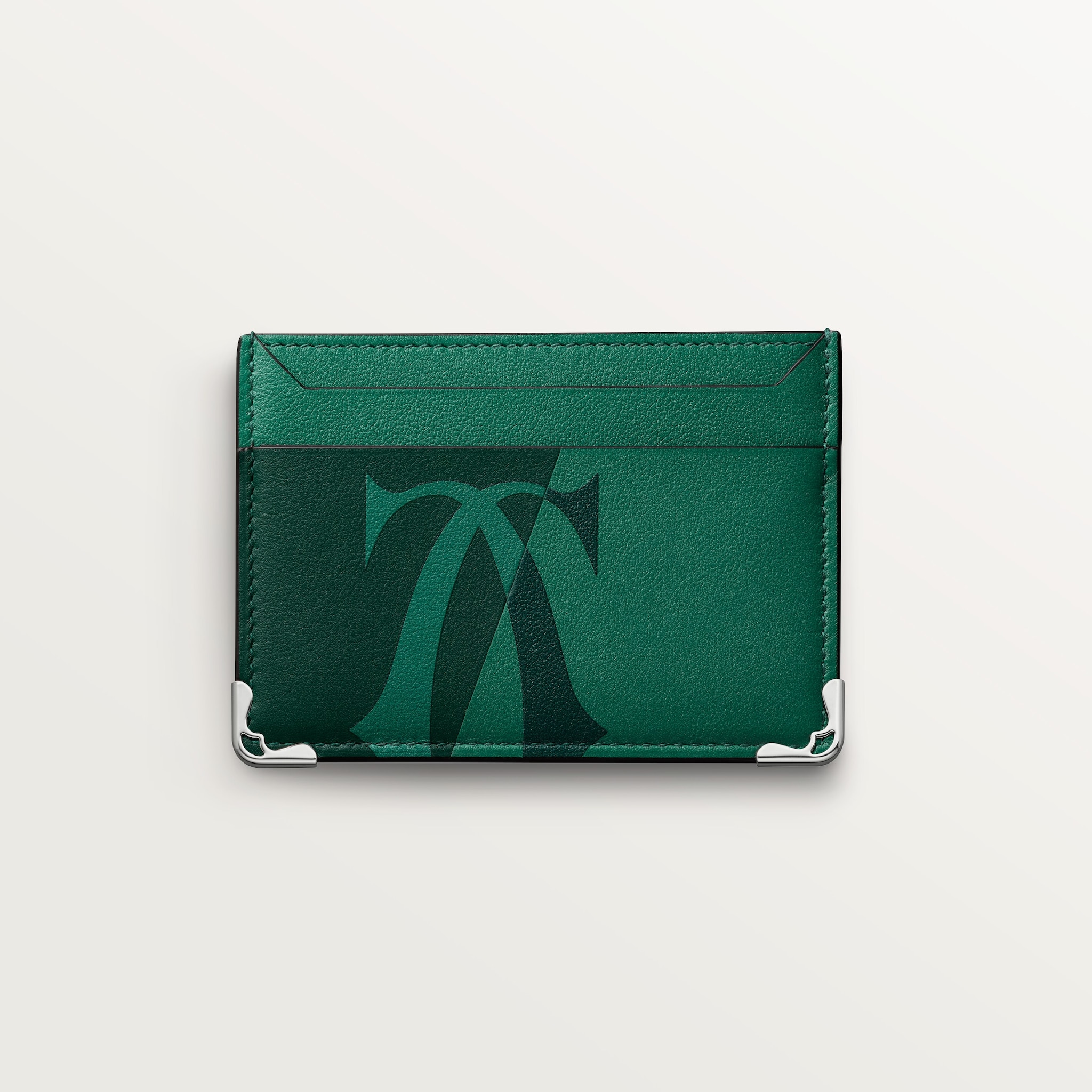 雙面卡片夾，Must de Cartier XL 標誌光滑綠色小牛皮，鍍鈀飾面