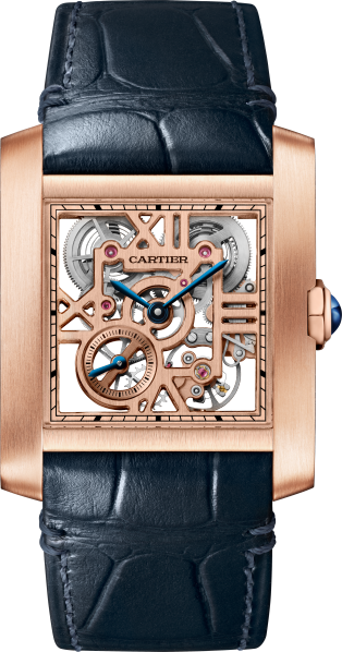 Tank Française 鏤空腕錶 大型款，手動上鏈鏤空機械機芯，玫瑰金，皮革