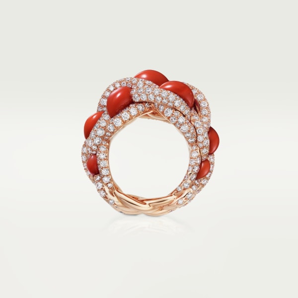 Tressage ring Rose gold, coral, diamonds