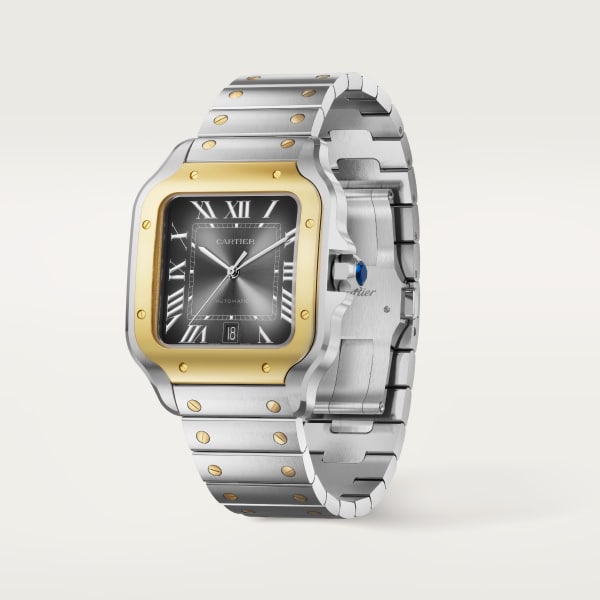 Santos de Cartier 腕錶 大型款，自動上鏈機械機芯，黃金及精鋼，可更換式金屬錶鏈及皮革錶帶