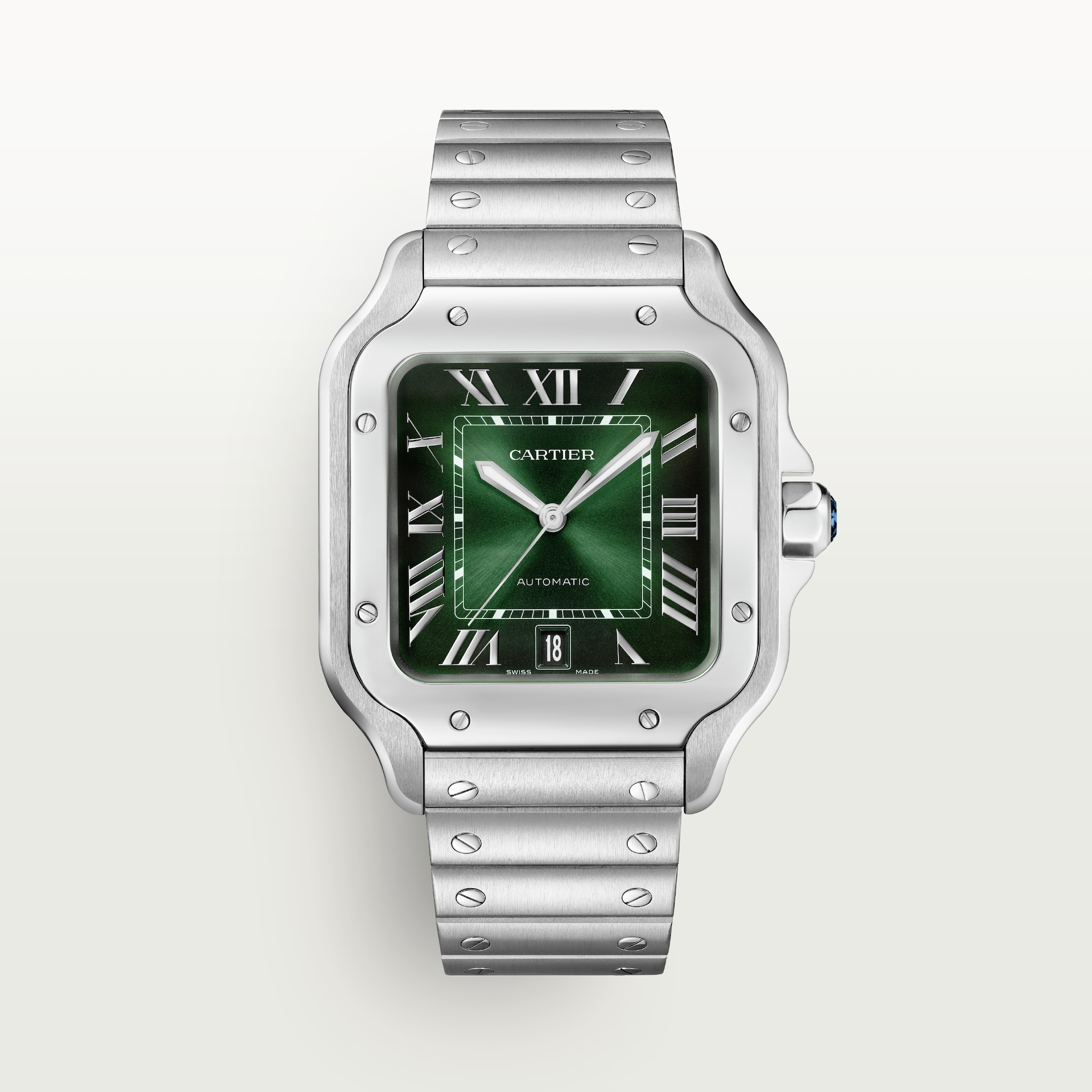 Santos de Cartier 腕錶大型款，自動上鏈機械機芯，精鋼，可更換式金屬錶鏈及皮革錶帶