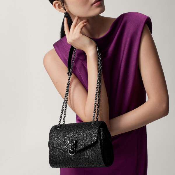 手袋，迷你款，Panthère Graphique 亮面黑色皺摺效果小牛皮，鍍釕飾面