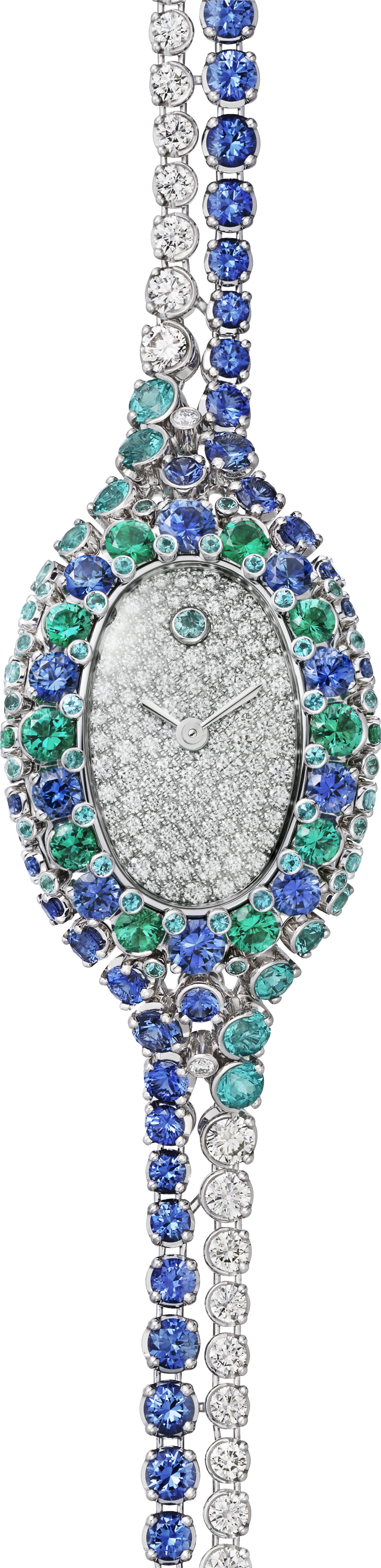Baignoire 珠寶腕錶迷你款，石英機芯，白色黃金，鑽石，藍寶石，祖母綠，藍色碧璽。