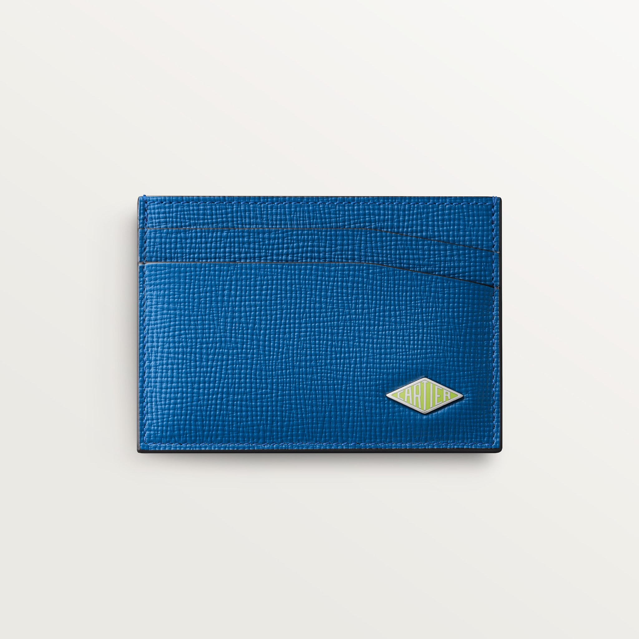 雙面卡片夾，Cartier Losange海洋藍色粒面小牛皮，鍍鈀飾面及青檸綠色琺瑯