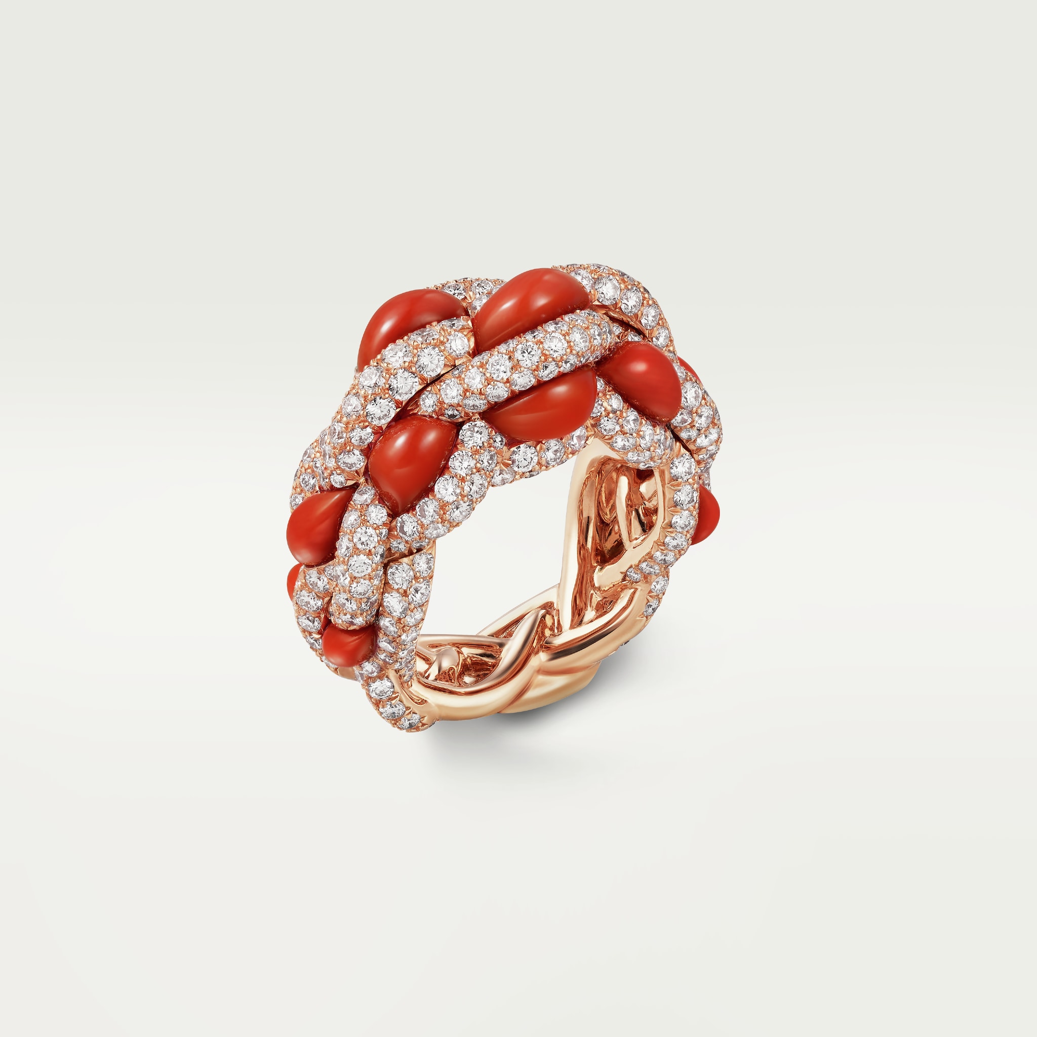 Tressage 戒指18K玫瑰金，珊瑚，鑽石
