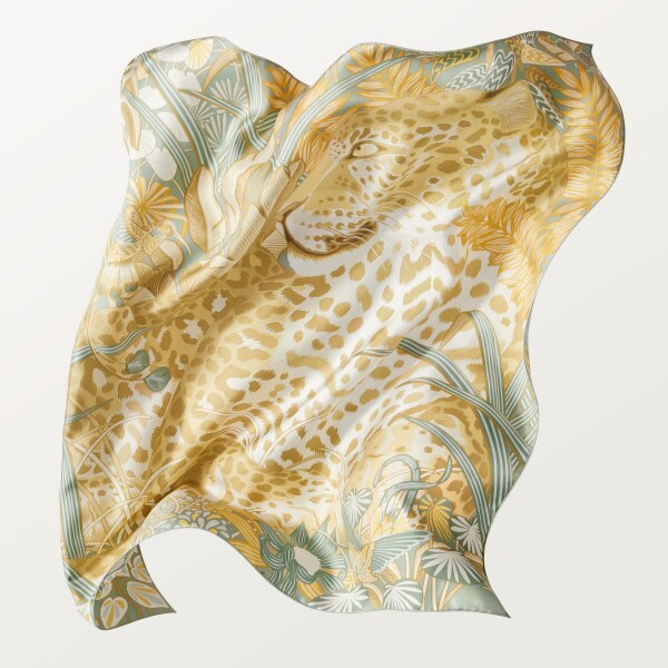 絲巾，90厘米，Panther in the Jungle 灰綠色及含羞草黃色斜紋真絲