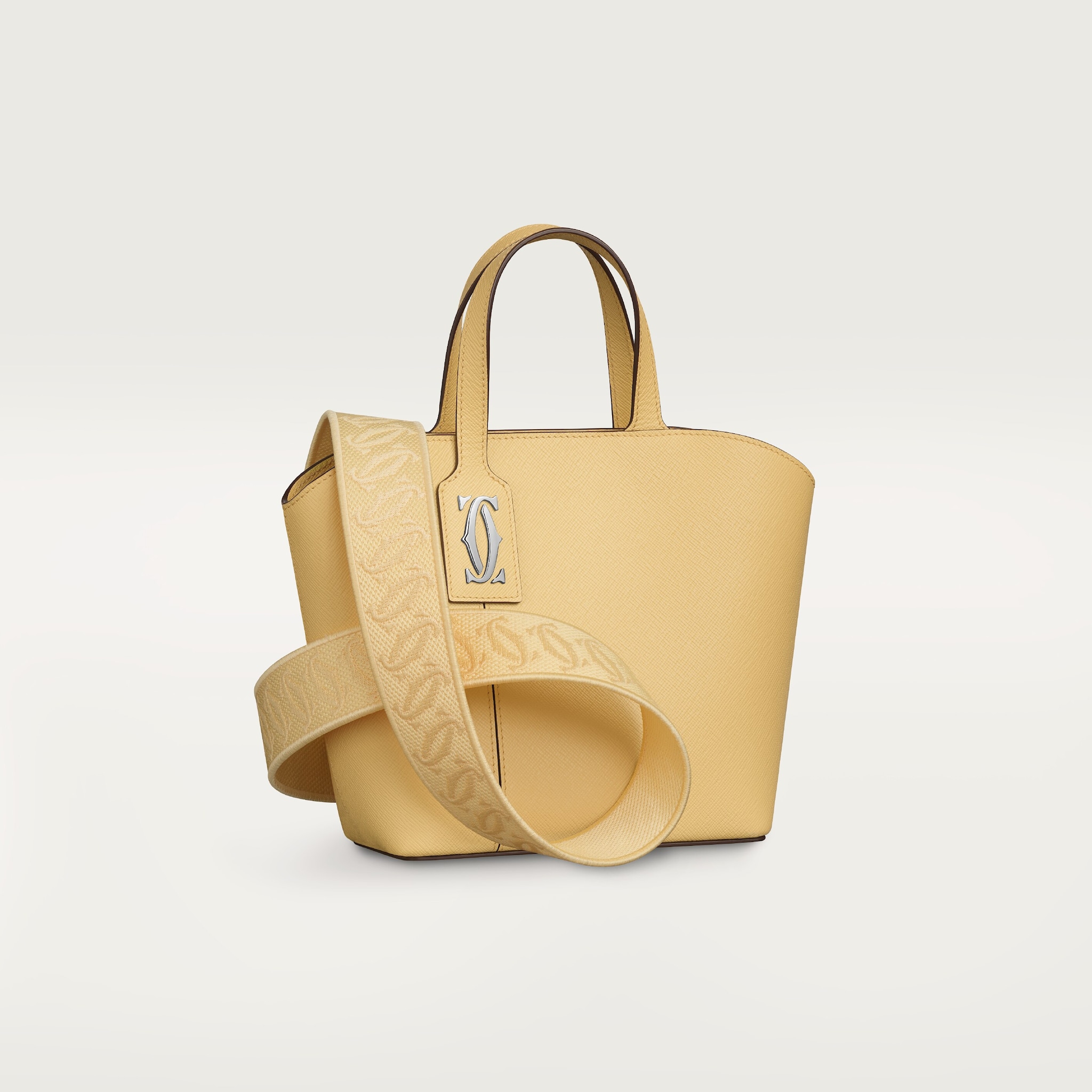 Mini tote bag, C de CartierMimosa yellow textured calfskin, embroidery, palladium finish