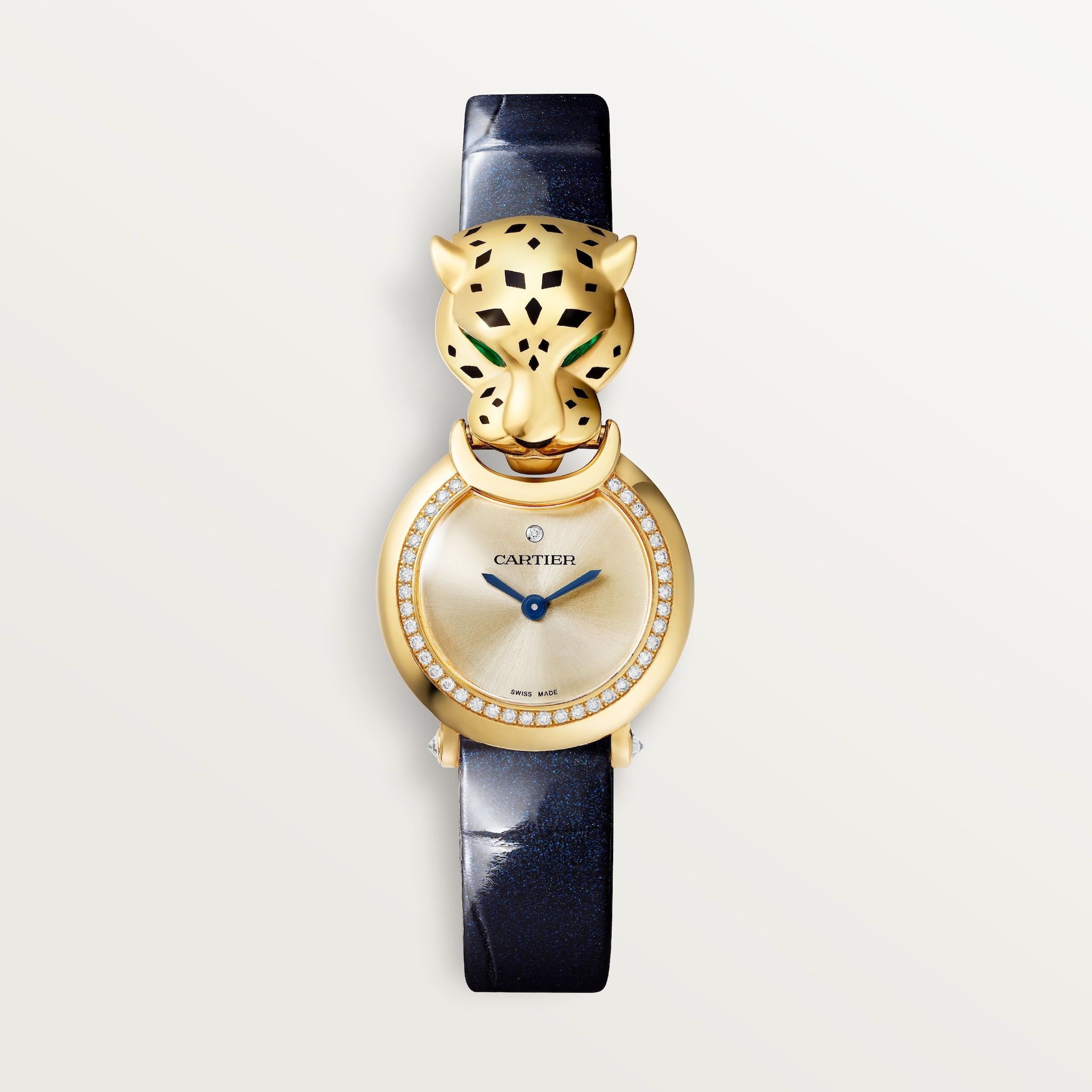 La Panthère de Cartier 腕錶小型款，石英機芯，黃金，鑽石，沙弗萊石，亮漆，皮革