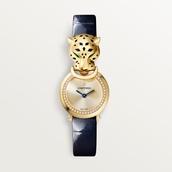 La Panthère de Cartier 腕錶 小型款，石英機芯，黃金，鑽石，沙弗萊石，亮漆，皮革