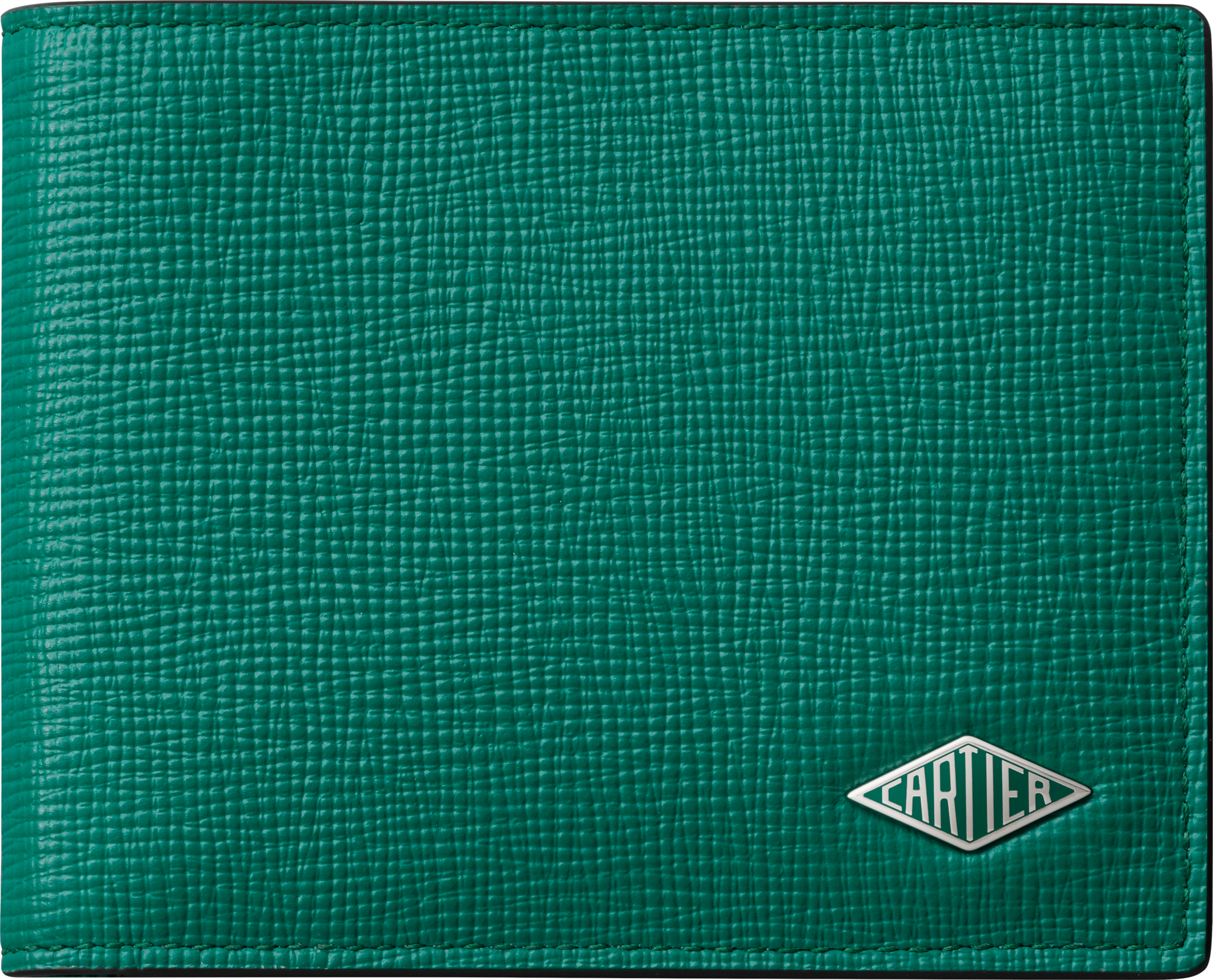 小型銀包，可容納6張信用卡，Cartier Losange草綠色粒面小牛皮，鍍鈀飾面及草綠色琺瑯