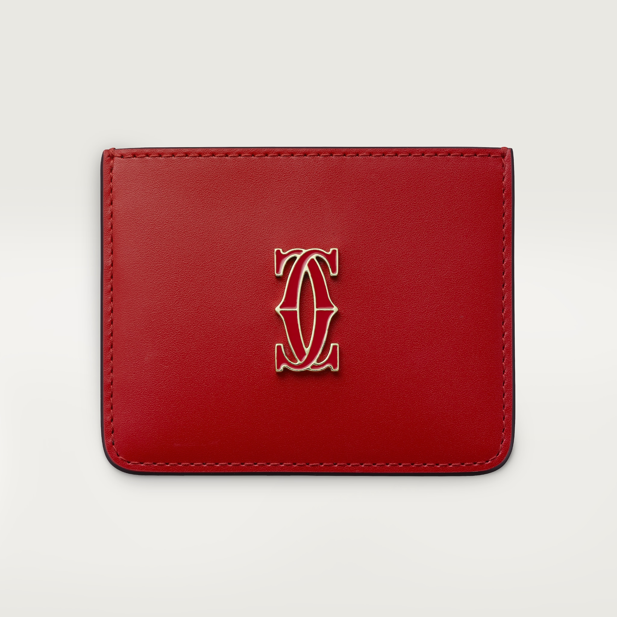 C de Cartier 卡片夾紅色小牛皮，金色飾面及紅色琺瑯