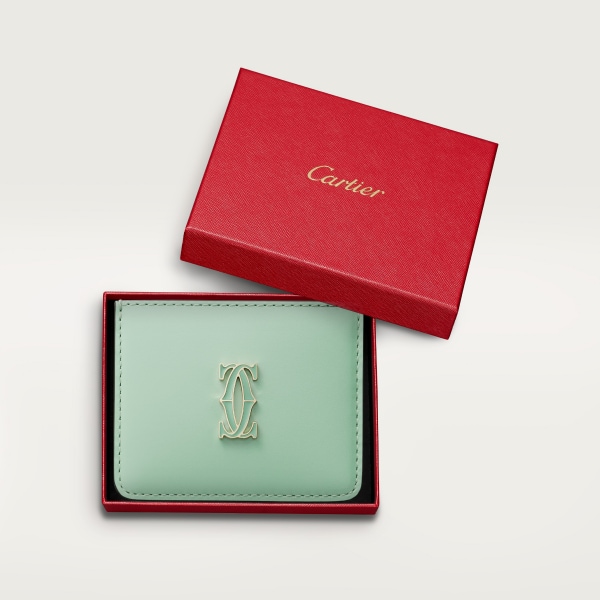 卡片夾，C de Cartier 灰綠色小牛皮，金色及灰綠色琺瑯飾面