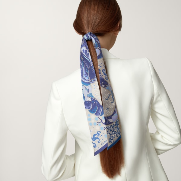 美洲豹圖案絲巾 藍色及米色斜紋真絲