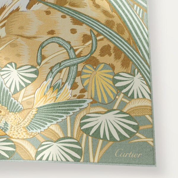 絲巾，90厘米，Panther in the Jungle 灰綠色及含羞草黃色斜紋真絲