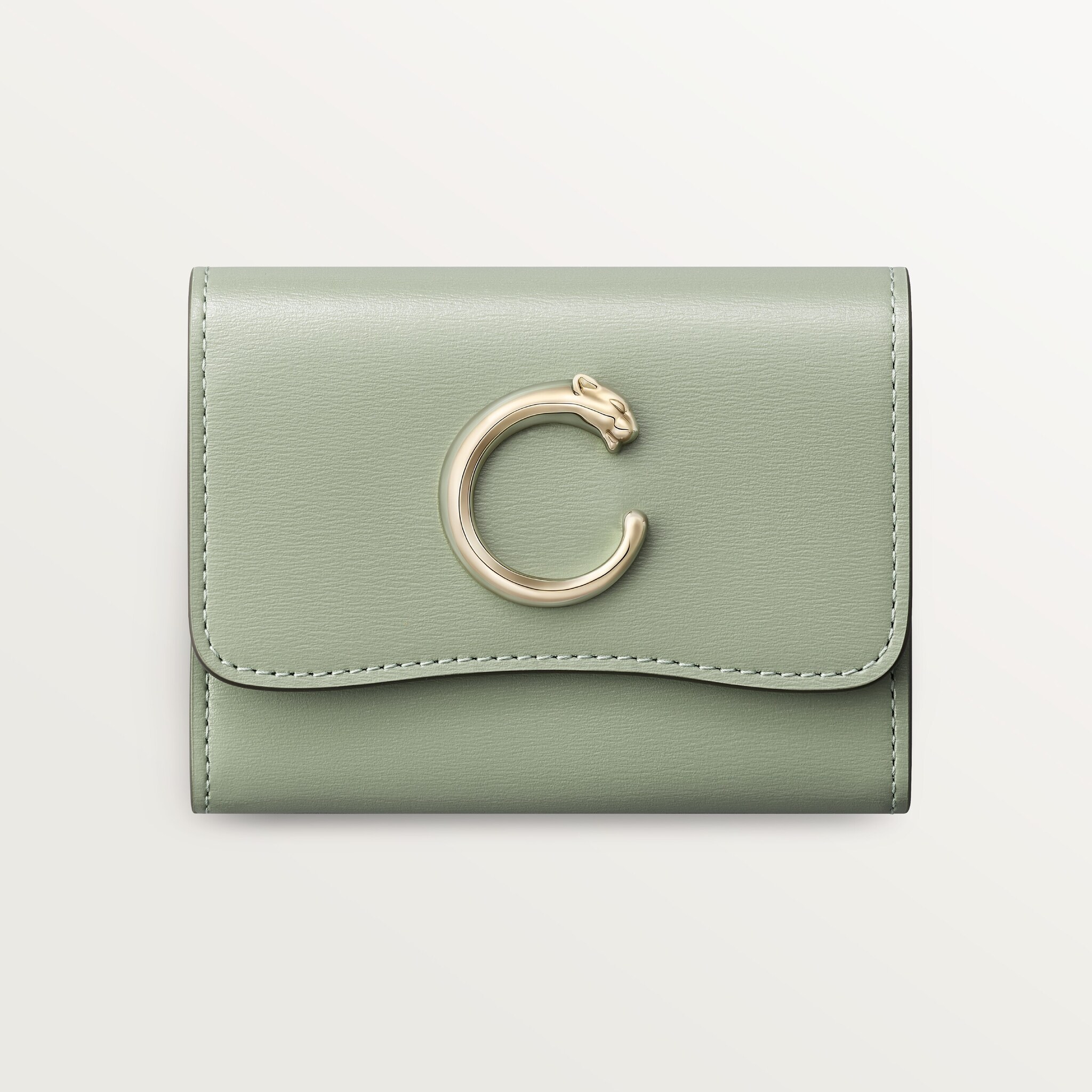 銀包，迷你款，Panthère C de Cartier灰綠色粒面小牛皮，金色飾面